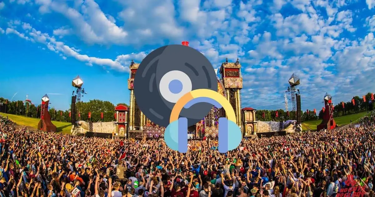 Mainstage på Defqon.1 med en ikon av en skiva och hörlurar